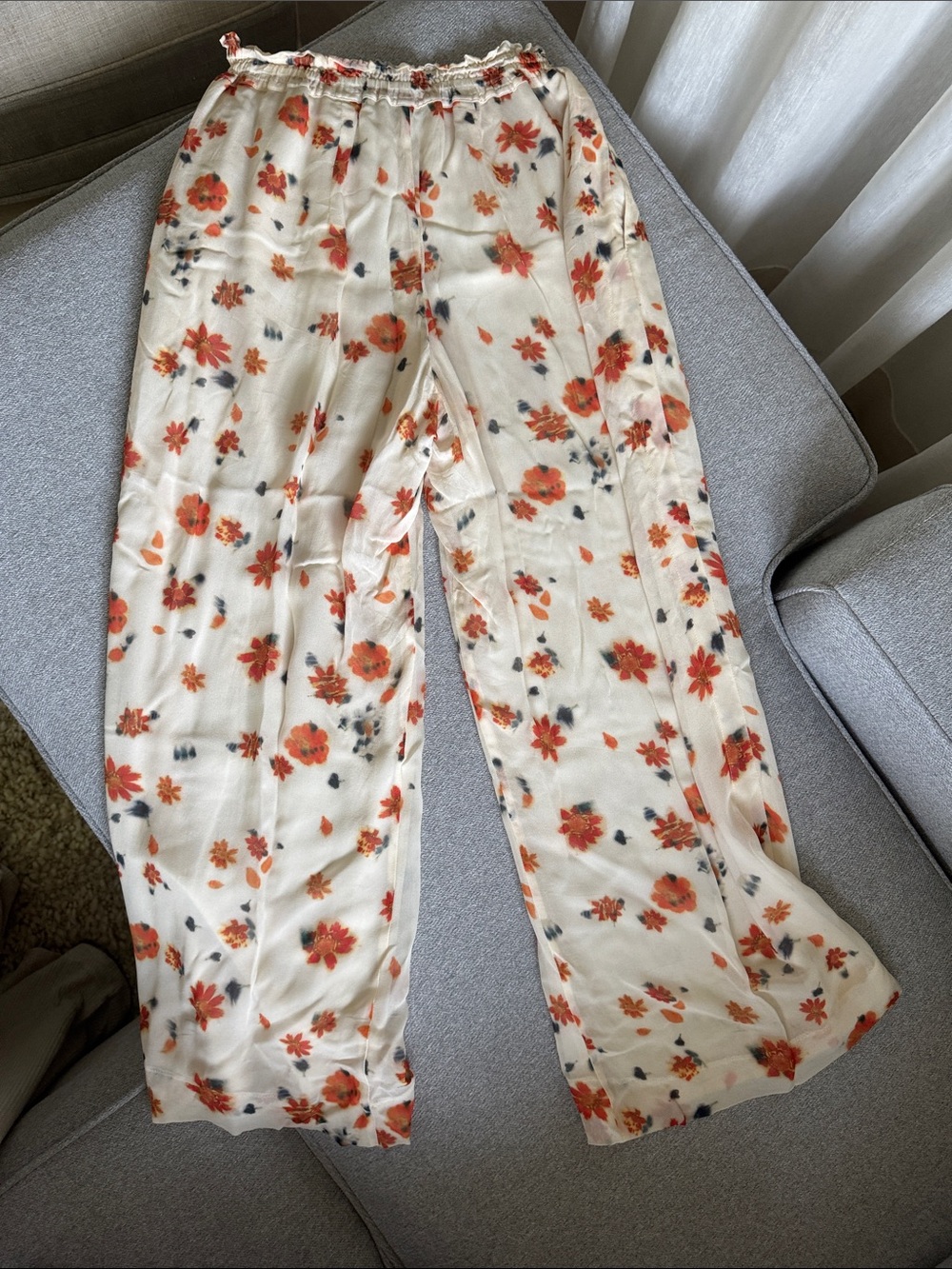 rag & bone Cream Wide-Leg Floral Pants with Orange Blooms - Picture 2 of 6